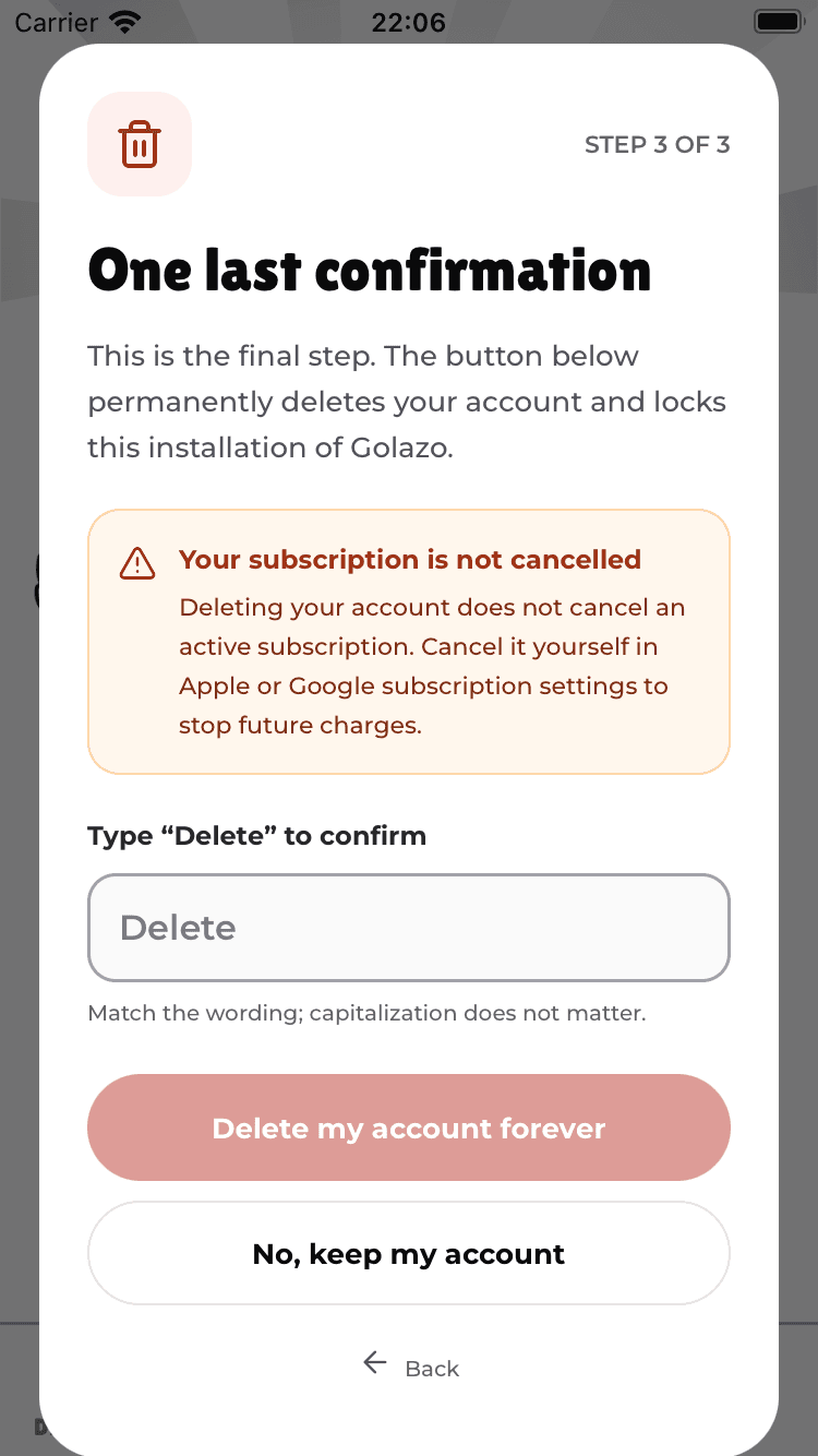 Final permanent-deletion warning asking you to type Delete.