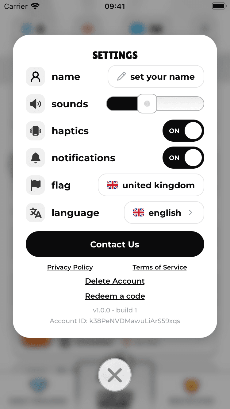 Golazo Settings with a red arrow and outline pointing to the account id at the bottom.